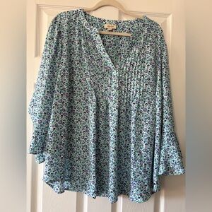Style & Co. Floral Pintuck V-Neck Blouse - Blue & Green